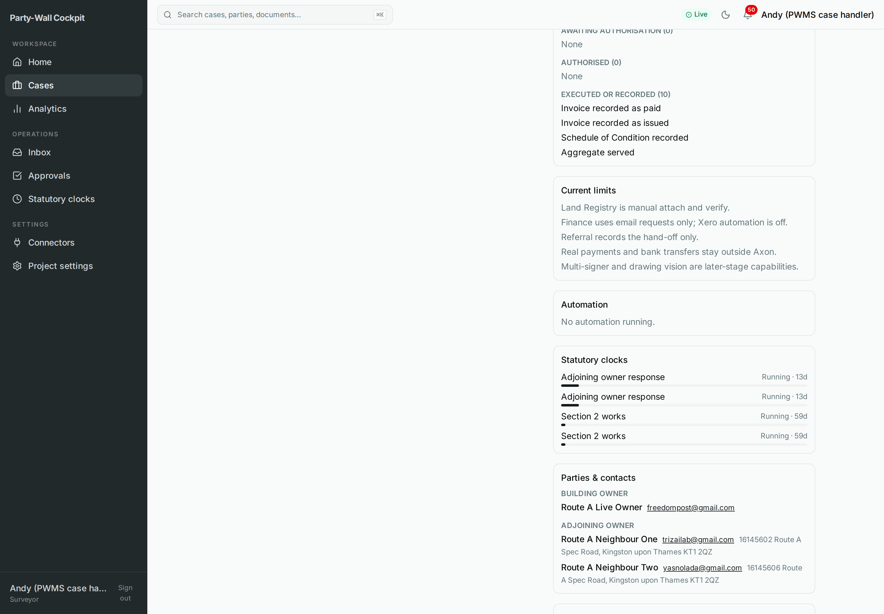 Automation panel — a live workflow with its state badge and the failed-state controls