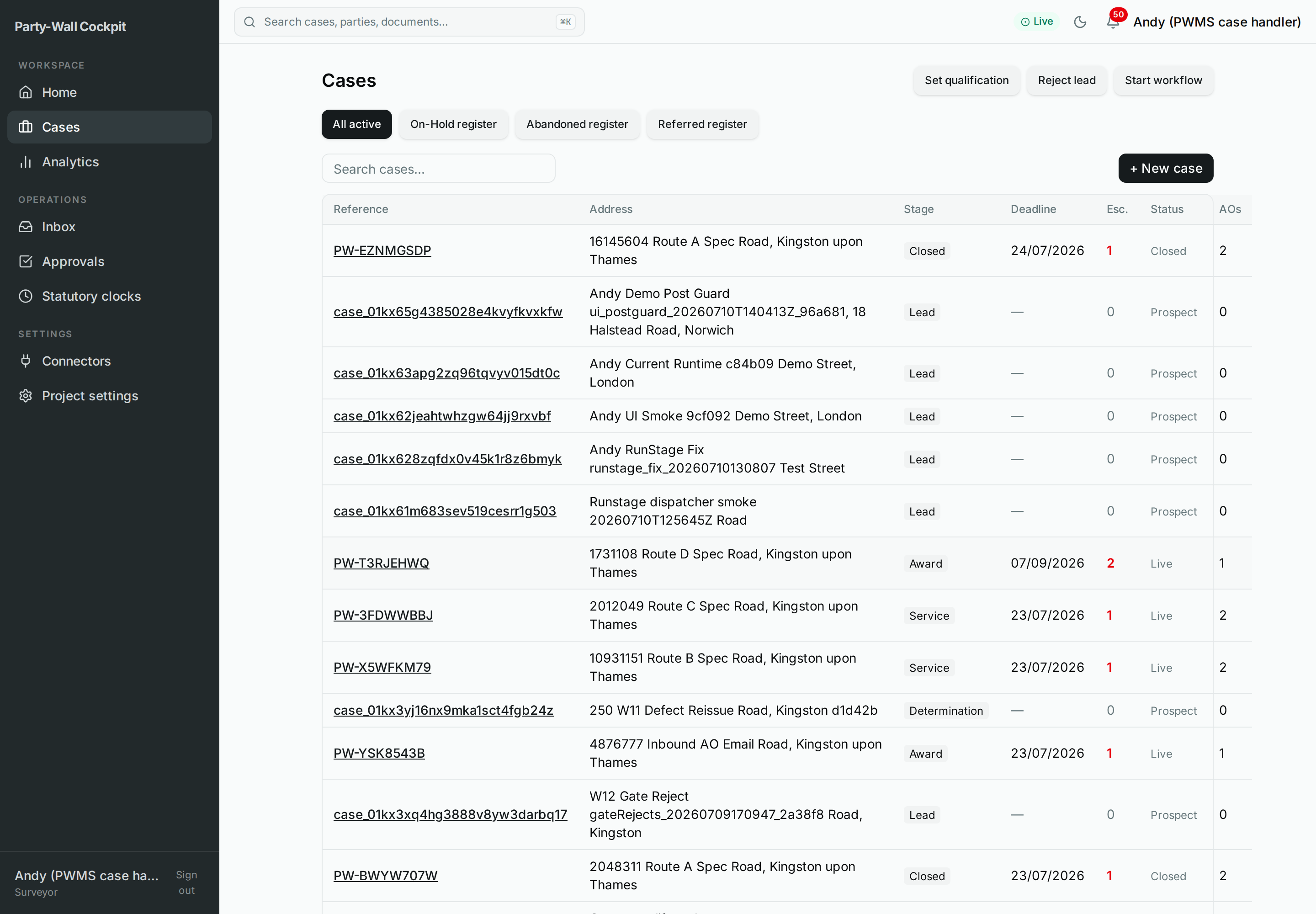 The Cases list with its register filters